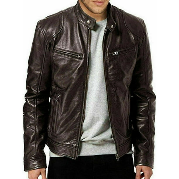 New Men's Genuine Lambskin Leather Jacket TAN Slim Fit Biker Motorcycle Jacket